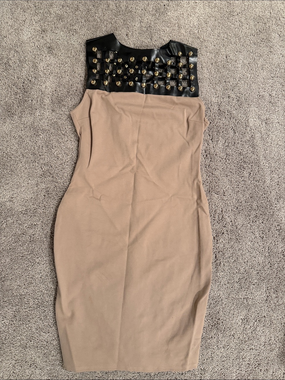 Tan Party Dress with Gold Embellishments on Leather Cutouts